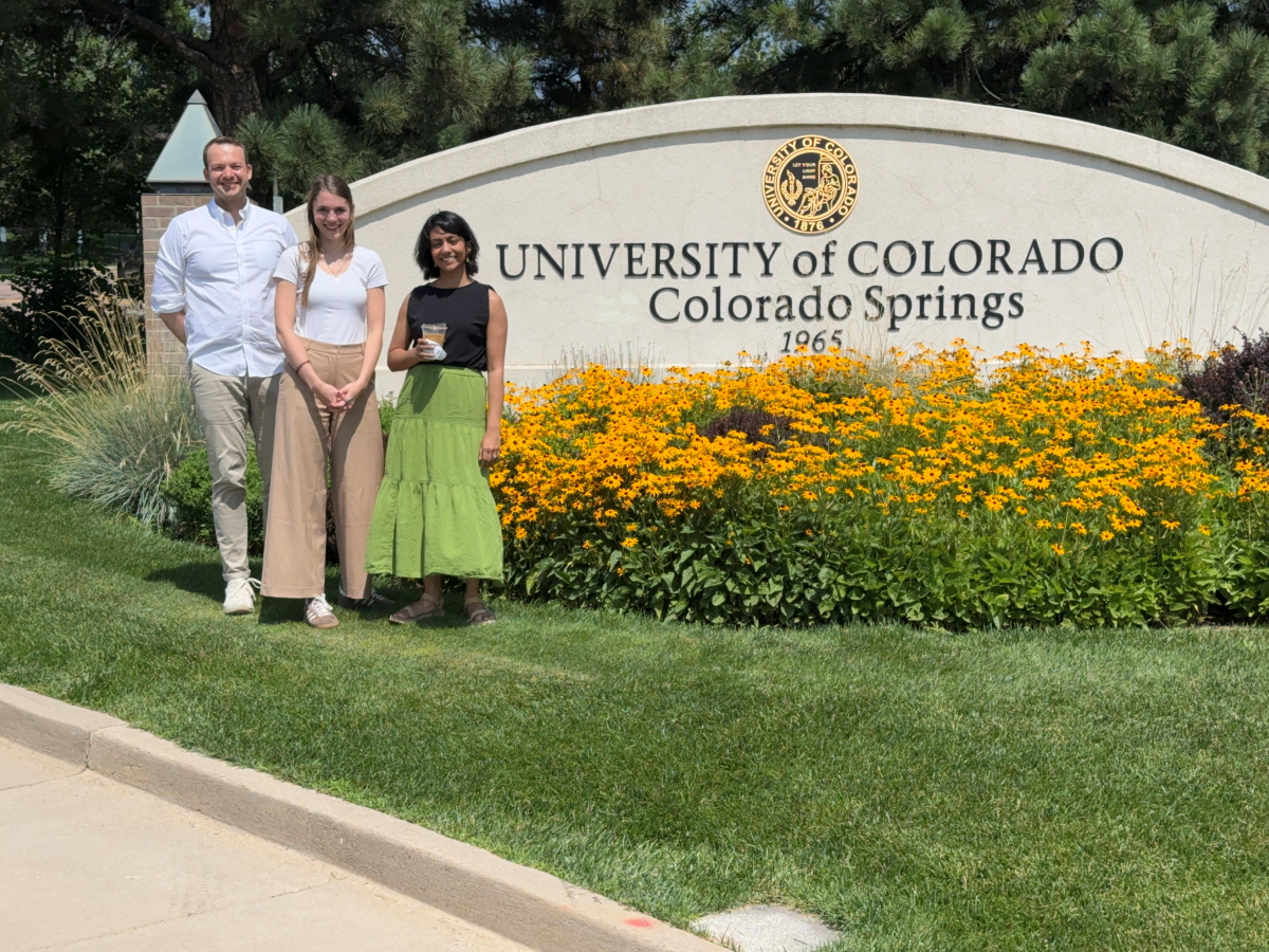 (from left) Frederik Ferié, Eliza Starke, and Robina Ghosh at the University of Colorado Colorado Springs (from left) Frederik Ferié, Eliza Starke, and Robina Ghosh at the University of Colorado Colorado Springs
